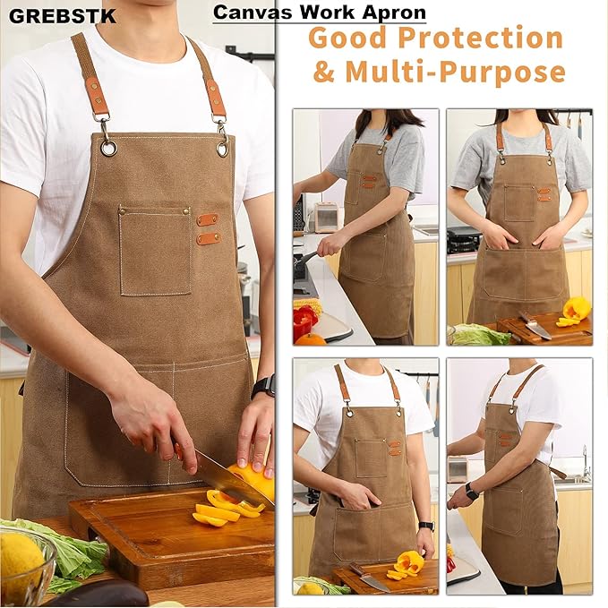 GREBSTK Work Apron Cross Back Adjustable Canvas Tool Apron for Woodworking, Gardening, Cooking