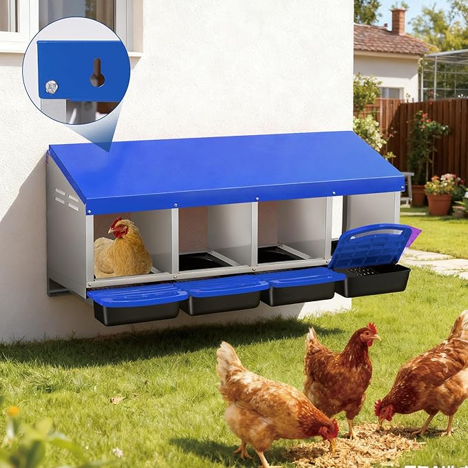 Chicken Nesting Box, 3-Hole Wall Mount Metal Chicken Nesting Box with Rollout Egg Collection & Easy-Clean Pull Out Tray, Roll Away Hen Roosting Boxes