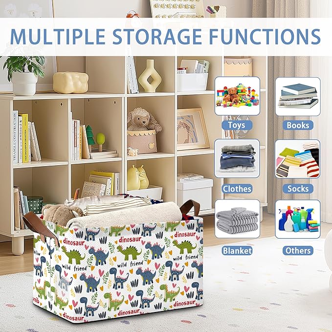 Cute Dinosaur Storage Basket,Fern Plant Collapsible Storage Bin Cubes for Living Room Bedroom Blankets Home Storage 17x11.5x10Inch