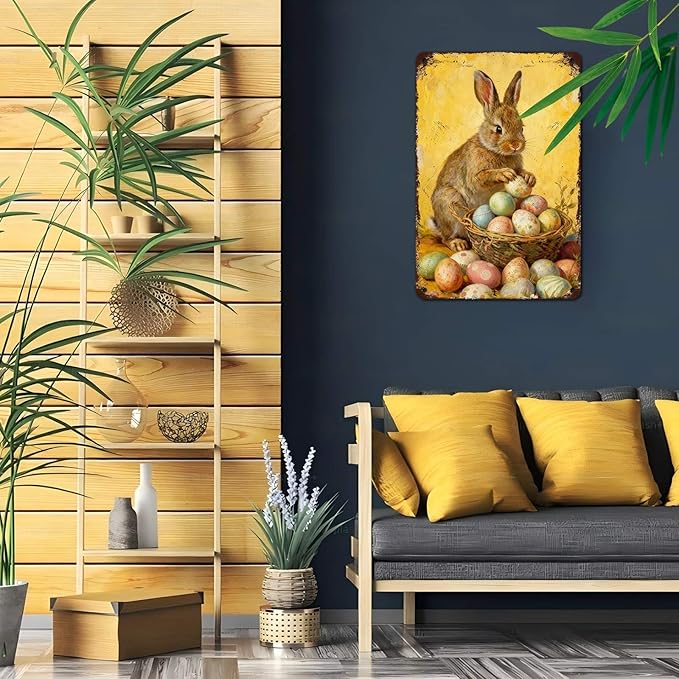 YoyaVex Easter Bunny Metal Sign Vintage Farmhouse Decorative Eggs Rustic Wall Art For Home Cafe Restaurant Garage Patio Garden Decor 8X12Inch