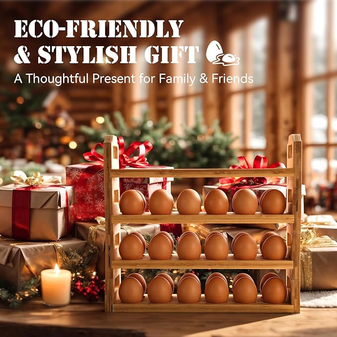 LemonRoad 4 Tier Wooden Egg Holder for Countertop, Bamboo Stackable Fresh Egg Storage Farmhouse Collecting Rack for Gathering Kitchen Organizer Duck Eggs Display, Stackable with 48 Eggs