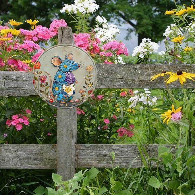 Mouse Round Metal Tin Sign Wreath Farm Flowers Rustic Vintage Wall Art Decor for Garden Porch Yard Farmhouse Outdoor Decor 12x12inch