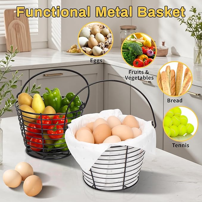 2 Pcs Metal Egg Basket with Soft Pads, 8 Inch Wire Egg Basket for Gathering Fresh Eggs, Eggs Collecting Baskets for Chicken Duck Goose