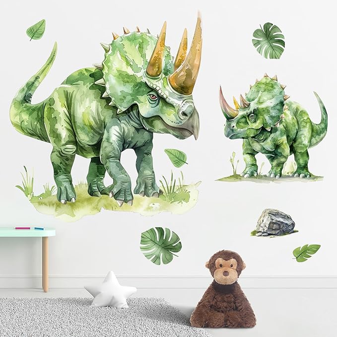 Mfault Watercolor Dinosaur Wall Decals Stickers, Jungle Green Dino Triceratops Monstera Palm Leaves Nursery Decorations Kids Bedroom Art, Tropical Plant Block Baby Boys Toddlers Playroom Home Decor