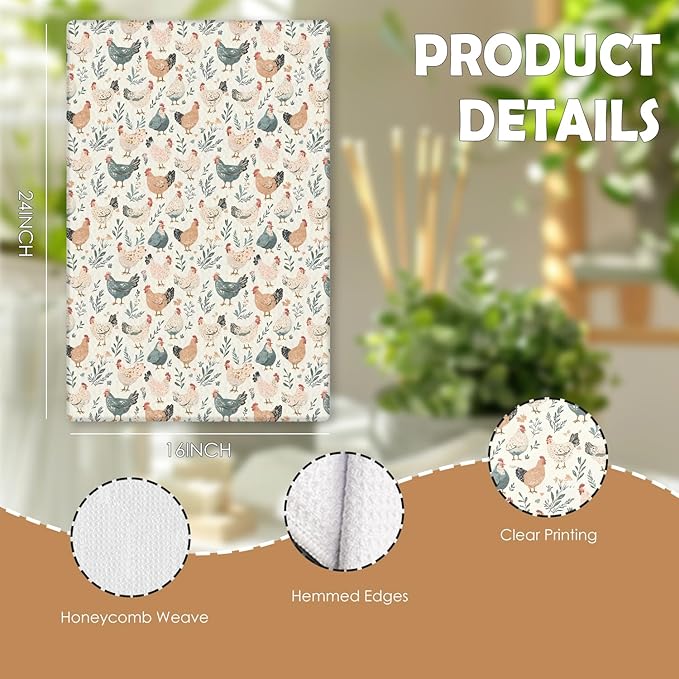 Farmhouse Chicken Kitchen Towels, Chicken Lover Mom Lady Gifts Decorative Dish Tea Towels for Kitchen, Cottagecore Farm Animal Hens Hand Towels for Bathroom, 16x24 Inches