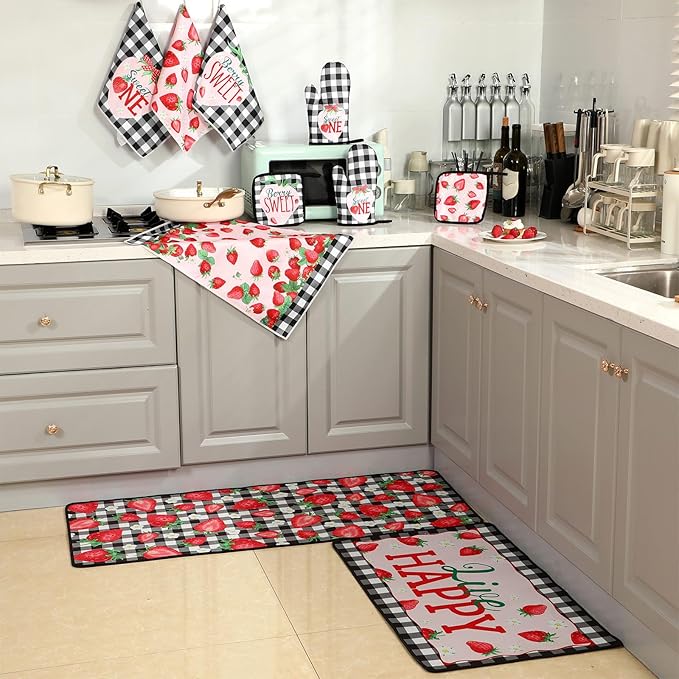 10 Pcs Strawberry Farmhouse Kitchen Decor Set Dish Towels Kitchen Rugs Oven Mitts and Pot Holders Set for Cooking Baking Grilling Women Mom Daughter Gift (Mixed Color)