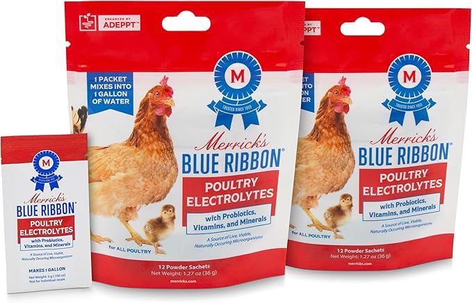 Merrick's Blue Ribbon Chicken Electrolytes with Probiotics, Electrolyte & Immune Support for Chickens, Ducks & All Poultry, Heat Stress & Molting Recovery, 3g Sachets, 12 Count (Pack of 2)