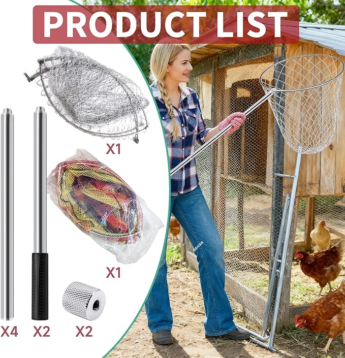 2 Sets Chicken Catching Net with 2 Poles 2 Nets Extra Durable Fishing Net for Adult Poultry Catcher Net Thickened Adjustable Stainless Steel Catching Poles Sets for Chick Goose Ducks Fish Birds
