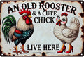 Vintage Chicken Coop Metal Signs - An Old Rooster & A Cute Chick Live Here Chicken Tin Sign, Funny Metal Signs Accessories Outdoor Home Wall Decor 8x12 inch