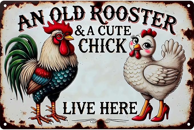 Vintage Chicken Coop Metal Signs - An Old Rooster & A Cute Chick Live Here Chicken Tin Sign, Funny Metal Signs Accessories Outdoor Home Wall Decor 8x12 inch