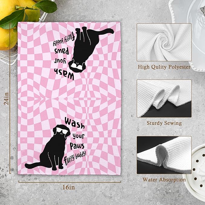 Pink Cute Dog Golden Retriever Bathroom Kitchen Towels, Wash Your Paws Hand Towel for Girly Room, Funny Gifts for Dog Lovers, Trendy Preppy Checkered Dish Towels Decor for Dorm 16x24in