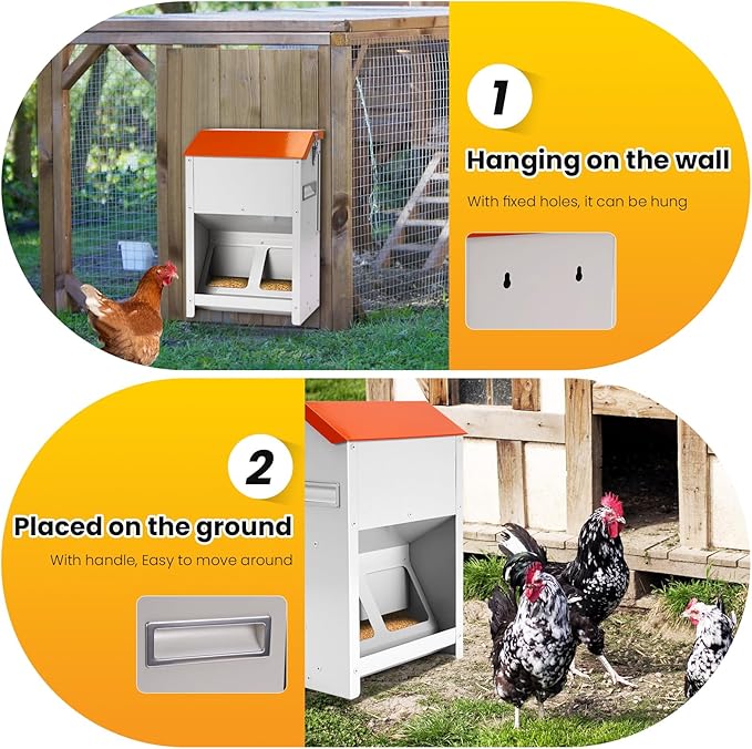 20Lbs Automatic Chicken Feeder Large Poultry Feeders No Waste Outdoors Metal Hanging Chicken Feeder Trough Dispenser with Lid and Visual Window for Chicken Poultry Turkey Duck