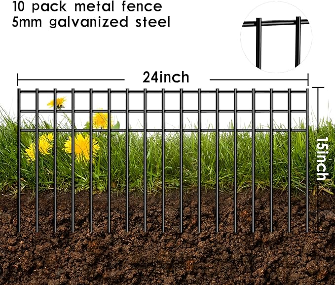 24x15-inch No Dig Animal Barrier Fence, 15 Pack Black Dig Protective with 1.5 inch Spike spacing, Dog/Rabbit/Groundhog Underground Dig Barrier, Galvanized Outdoor Garden Metal Fence