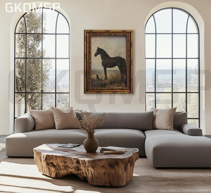 Vintage Gold Framed Horse Wall Art Horse and Dog Canvas Wall Decor Retro Rustic Farmhouse Animal Picture Rustic Horses Poster Artwork for Home Living Bedroom Farmhouse Hallway 16x24in