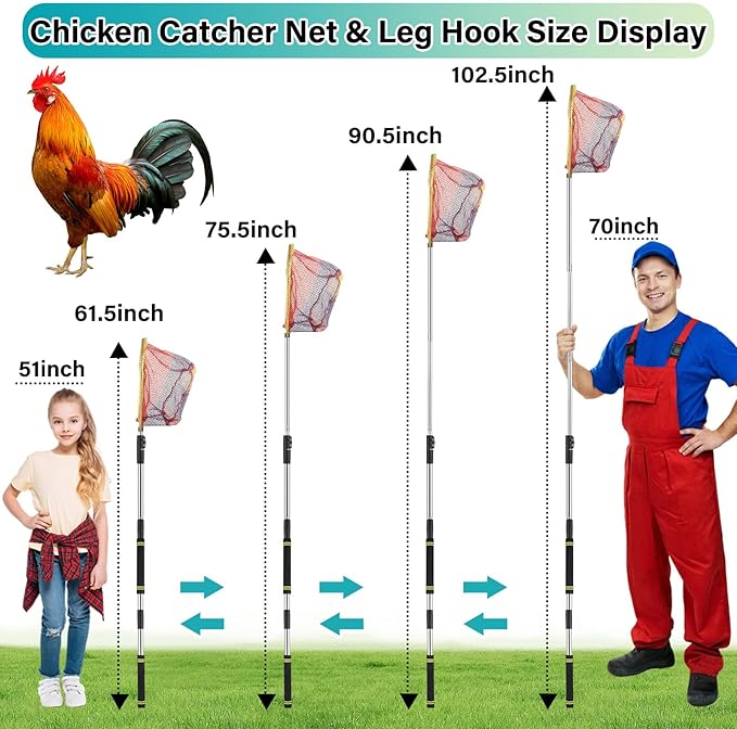Chicken Catcher Net,37 to 93in Chicken Catcher Leg Hook Extra Long Handle Animal Catcher Pole Heavy Duty with Frosted Tube Extension Pole Poultry Hook Fowl Catcher (Stainless Steel Tube)