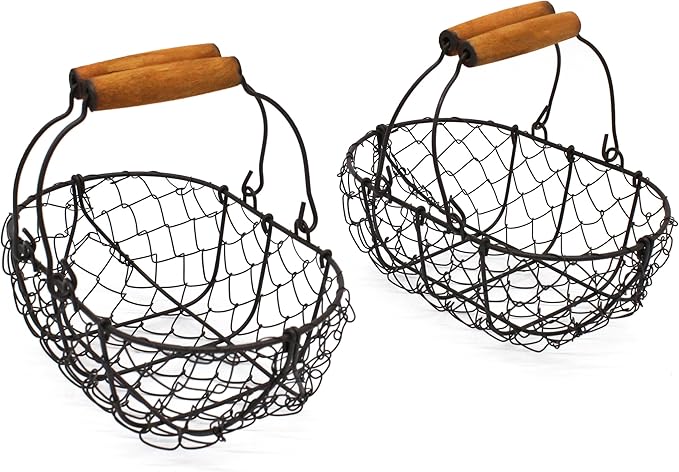 Oval Egg Baskets Metal Chicken Wire Egg Holder Countertop Egg Collecting Basket with Wooden Handle, Egg Basket for Gathering Fresh Eggs, Rusty, Set of 2