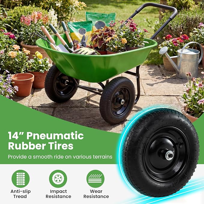 IRONMAX Dual-Wheel Wheelbarrow, Heavy Duty Wheel Barrel with All-Terrain Wheels, 330 LBS Utility Yard Cart with Built-in Stand, Outdoor Gardening Carts for Lawn, Farm, Planting (Light Green)