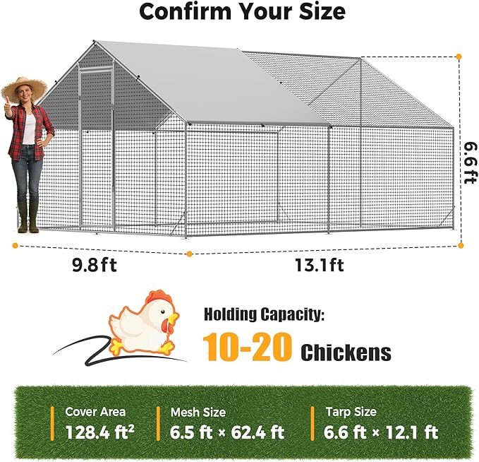 Metal Chicken Coop with Run, 13.1x9.8x6.6ft, Walk-in Chicken Run for Yard with Cover, Upgrade Double Lock & Rust-Proof Mesh, Stainless Steel Ties, Easy Assembly, Chicken Pen for Ducks, Rabbits