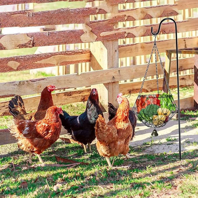 Hanging Chicken Feeder,Chicken Toys for Coop, Foldable Poultry Vegetable Fruits Feeder Basket with Shepherd's Hook, Veggie Treat Ball Boredom Toys for Chicken Coop