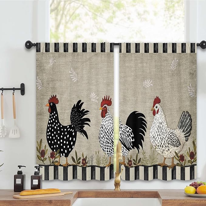 Rustic Farmhouse Rooster Kitchen Curtains 27.5W x 39L Inch Chicken Farm Country Vintage Rural Rod Pocket Short Small Window Treatment Drapes Decor 2 Panels