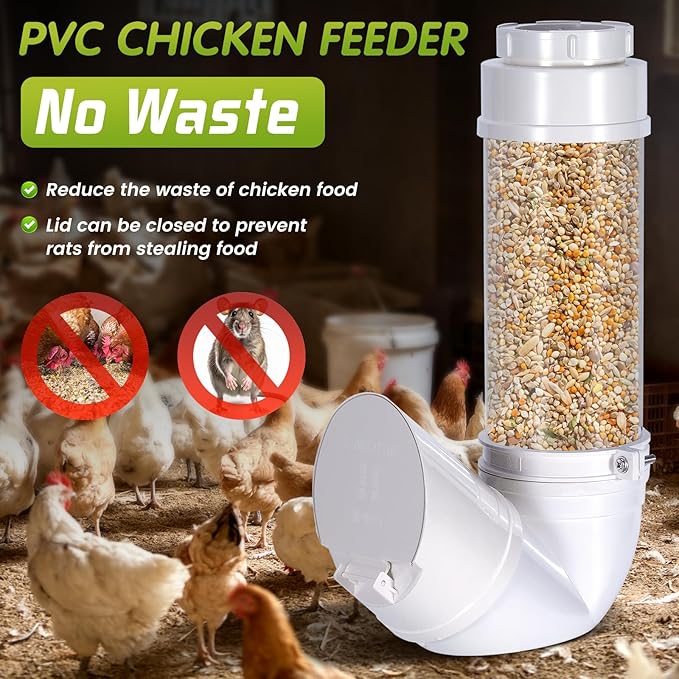 Automatic Chicken Feeder No Waste,6lb Capacity Large PVC Poultry Gravity Feeder with Lid and Visual Tube,Poultry Hanging Chicken Coop Feeder Port for Quails,Ducks,Turkeys,Geese