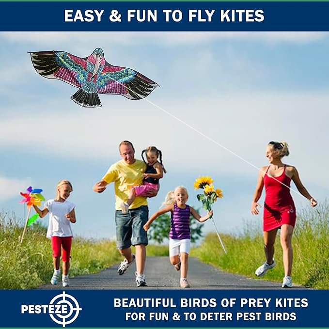 PESTEZE USA Red Eagle Kite 60x28 Inch. EZ to Fly Fun. Provides Humane Bird Deterrence in Yards & Farms. Protects Vegetables, Fruits & Crops from Pest Birds & Critters