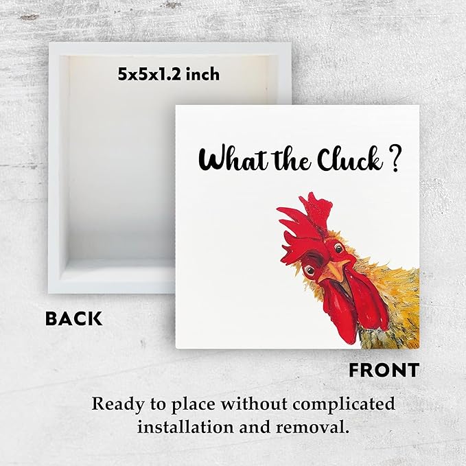 Funny Rooster Wooden Box Sign - Rooster Kitchen Decor, Rooster Decor, Rustic Farmhouse What the Cluck Rooster Wooden Box Sign for Home Shelf Desk Table 5x5 Inch