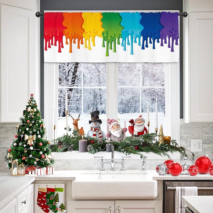 Miyotaa Colorful Rainbow Graffiti Kitchen Curtain Valance 54W x 18H Rod Pocket Splash Oil Painting Art Window Treatment for Living Room Bedroom Bathroom