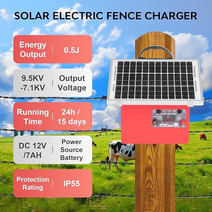 Solar Electric Fence Charger for Livestock,20 Miles Protection Range,24H/14D Uninterrupted Power,9.5KV Adjustable Output,7.5W Solar Panel,0.5 Joules Energy Output