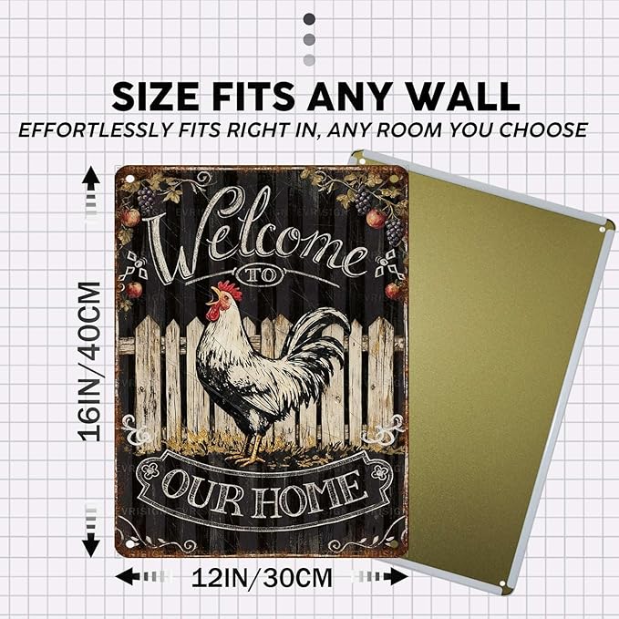 Vintage Rooster Tin Sign Welcome To Our Home Retro Chicken Metal Poster Rustic Nostalgic Metal Sign Wall Decor For Home Farmhouse Farm Room Yard Cafe Kitchen Bar 16 * 12In