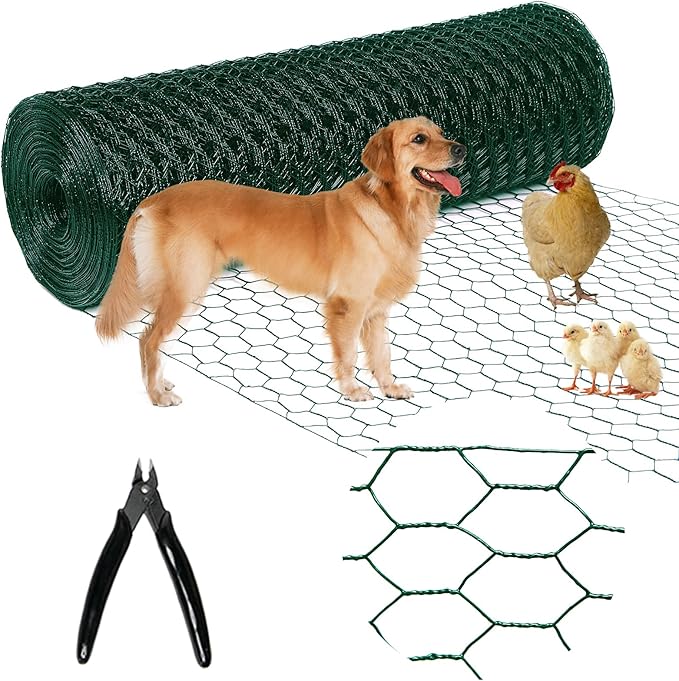 Chicken Wire48inx150ft, Premium Chicken Wire Fencing, Chicken Wire Mesh, Green PVC Coated Metal Wire Fence, Galvanized Poultry Netting Barrier for Floral Arrangements/Craft Projects//Rabbit