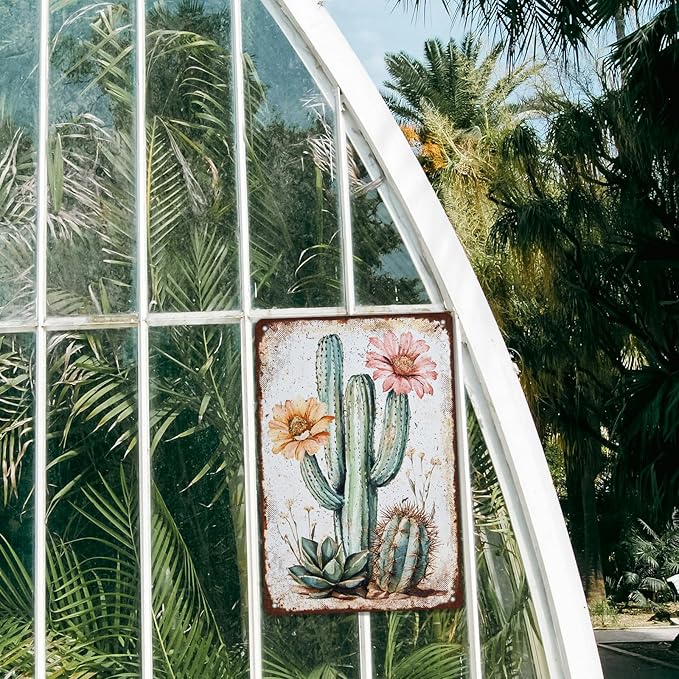 Bouquet Square Vintage Tin Sign Cactus Wall Art Cacti Art Wall Sign Decor for Home Kitchen Garage Outdoor Yard Farmhouse 8x12 Inch