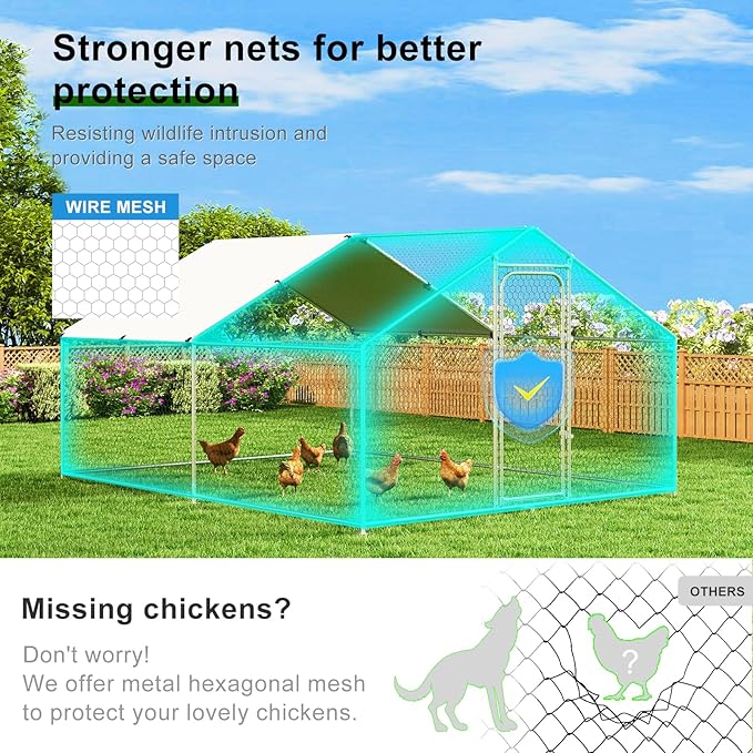 Large Metal Chicken Coop with Weatherproof Cover and Multi-Purpose Chicken Run for Chickens, Ducks, Rabbits, Farm and Yard Animal Pen (10’ W x 13.2’ L x 6.4’ H, Spire Roof)