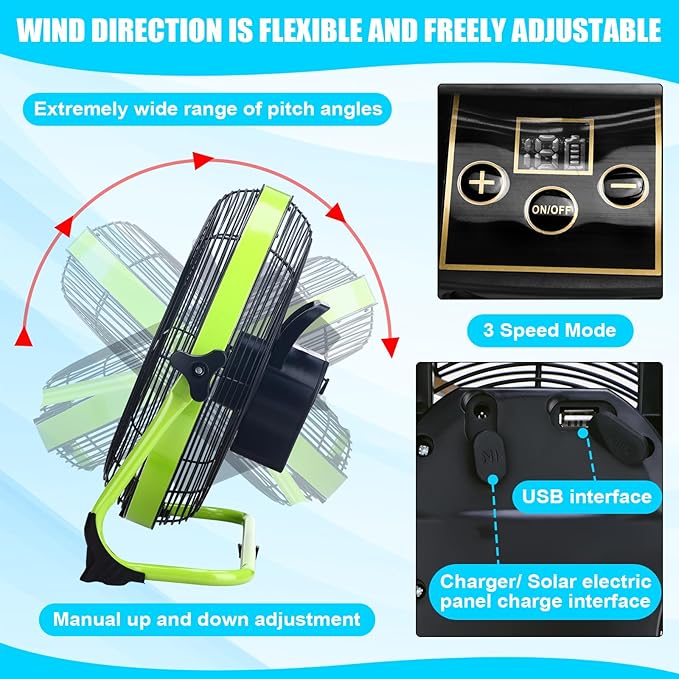 Sumind 14 Inch Portable Rechargeable Fan,15000mAh 20W Battery Powered, Solar Powered Camping Fan with Panel and Light for Outside, Home, Travel, Chicken Coop, Dog House, Shed, Greenhouse