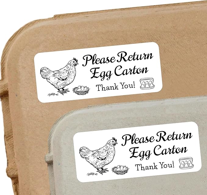 120 Chicken Egg Carton Labels Stickers | Please Return Egg Carton | White | Farm Fresh Eggs | 4 6 12 15 18 30 48 50 Count - Basket Box Container Extra Organizer Farm Supplies, 66mm x 26mm