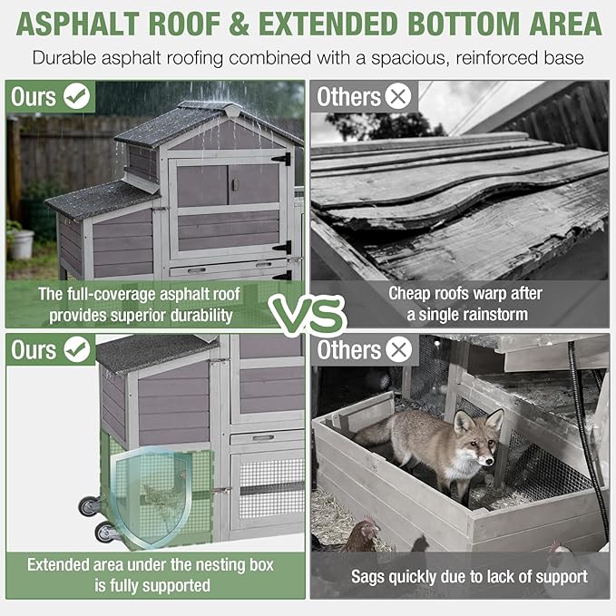 Mobile Chicken Coop Large Hen House Poultry Cage with Wheels, Weatherproof Asphalt Roof, Sectionable Nesting Box, Leakproof Pull-Out Tray for 4-6 Chickens, 82.4" L x 25.8" W x 44.1" H (Grey)