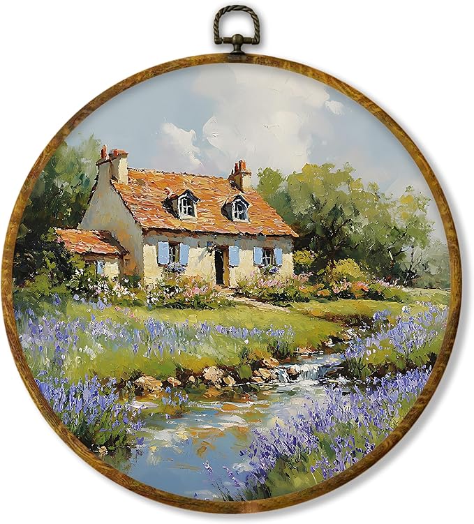 shiviody Rustic Country Canvas Wall Art Decor, Countryside Wildflower Landscape Wall Decor, Wild Fields Floral Round Hanging Frame Prints Decorations for Farmhouse Living Room Bedroom 10"x10"