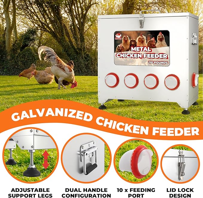 110 lbs Chicken Feeder No Waste-10 Port Large Chicken Feeder with Adjustable Height,Locking Lid,Rainproof-Metal Poultry Feeders for Chickens (Sliver, 23.76 * 22.78 in)