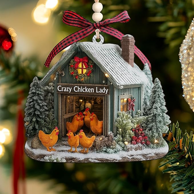 Chicken Ornaments for Christmas Tree 2025 - Farmhouse Decorations Gifts for Chicken Lovers, Farmers, Women, Men - 2D Flat Chicken House Farm Wooden Ornament