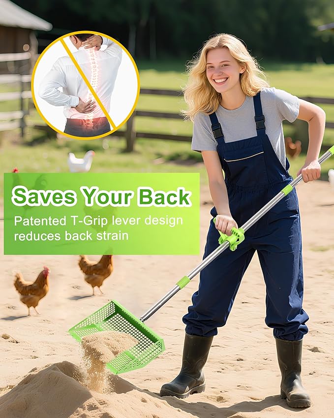 Chicken Poop Scooper & Rake 2-in-1,10 inches Metal Coop Shovel Sand Sifting Shovel with 35" to 62" Adjustable Handle,Cleaning Tools Scoop for Chicken Coops & Farm Animals
