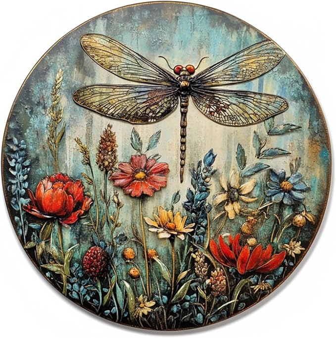 Tin Sign Dragonfly Farm Fresh Flowers Signs Round Metal Sign for Home Farm House Rustic Garden Yard Vintage Outdoor Outside Porch Wreath Wall Funny Decor 12 Inch