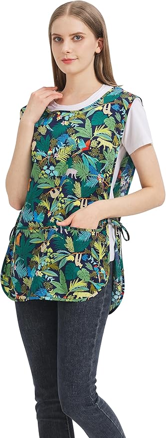 Nanxson Women Cobbler Apron with 2 Patch Pockets Cotton printed Smock with Side Ties for Work Chef kitchen CF3187