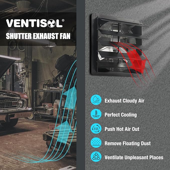 VENTISOL 24 Inch Shutter Exhaust Fan, Wall Mounted Attic Fan with Power Cord, High Speed Vent Fan with Speed Controller 4250CFM, Automatic Household Ventilation Fan for Cooling, Garage, Shop, Black