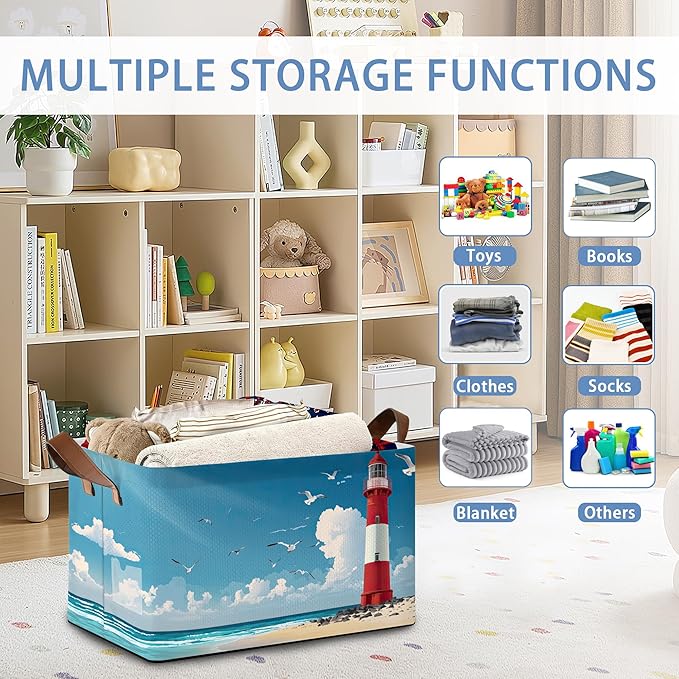 Lighthouse Seagull Storage Baskets,Beach Foldable Organizer Bin with Handles for Home Living Room Bedroom Closet Box 17x11.5x10Inch