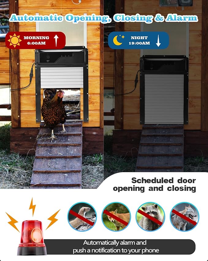 Automatic Chicken Coop Door with HD Camera, Solar Powered, 5000mAh Battery, WiFi Enabled, APP-Based Monitoring, Remote Control and Timer, with Anti-Trap Sensor and Alarm Drive (Black)