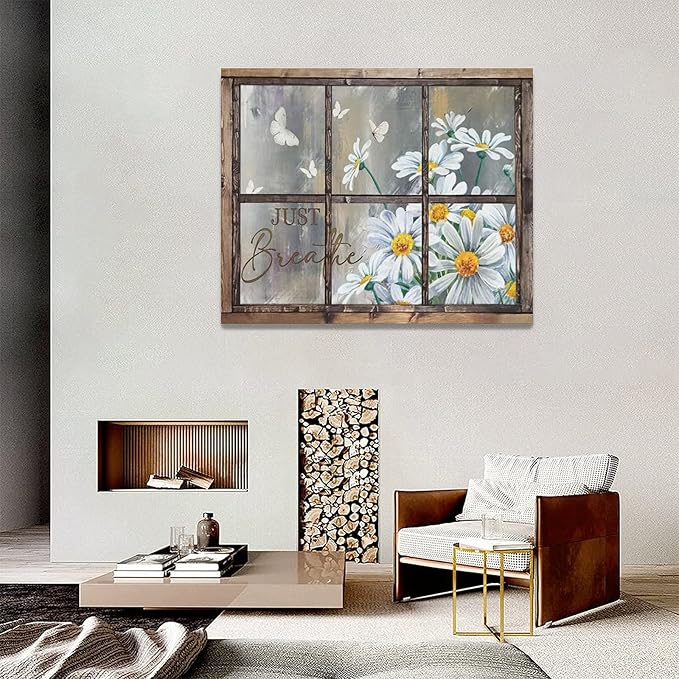 banonaty Daisy Wall Decor Rustic Flower Art Farmhouse Window Daisies Pictures Bathroom Country Butterfly Canvas Prints Just Breath Artwork Home Office Decoration For Kitchen Living Room 20''x16''