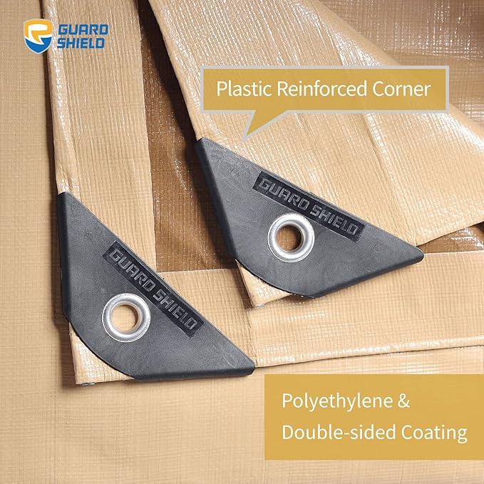 GUARD SHIELD Beige Tarps Heavy Duty Plus+ Waterproof 20x30 Feet, 12mil Large Tarp with Reinforced Grommets, Outdoor Cover for Roof, Car, Boat, Truck and Ground Pool