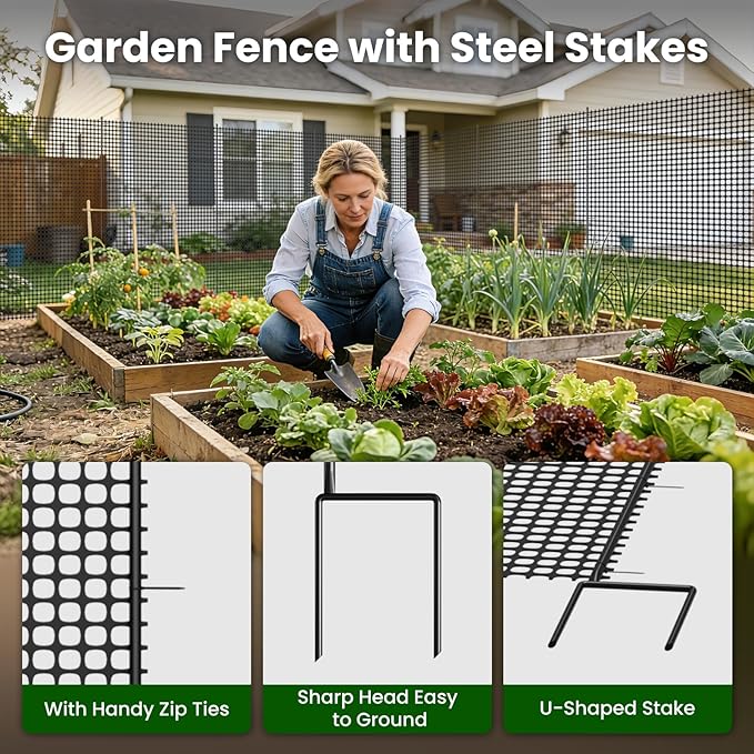 DoCred Plastic Fence with Stakes, 39.4in x 82ft Portable Poultry Fencing Net Mesh for Chickens & Dog, Temporary Gardening Fence Pet Barrier for Backyards, Vegetable Gardens, Lawn & Outdoor Decoration