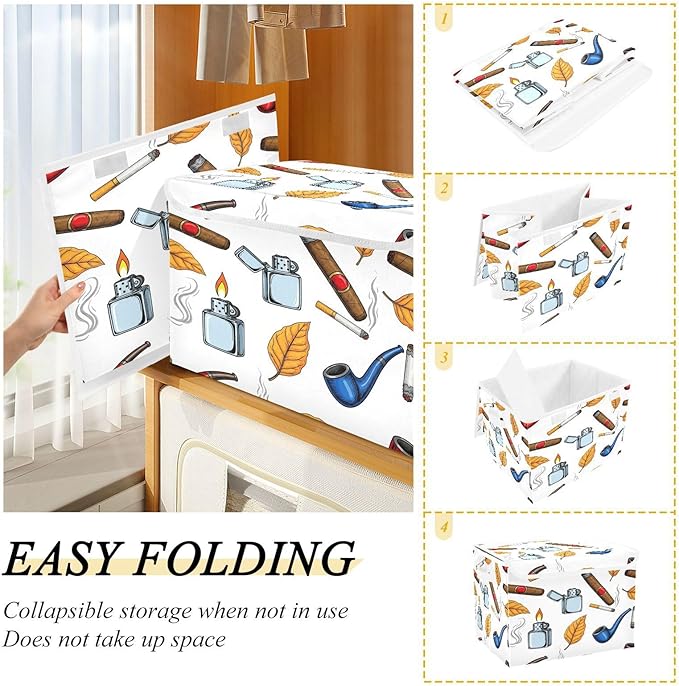 Pipes Leaves Smoke Storage Bins with Lids Foldable Storage Basket with Handles Collapsible Large Fabric Organizer Containers for Clothes Shelves Closet Office Home