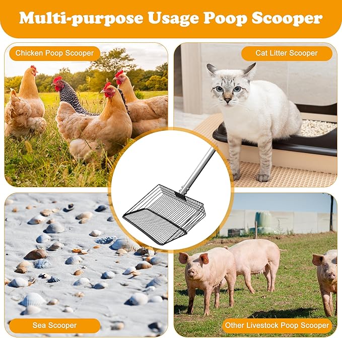 10inch Chicken Poop Scooper, Dual-Specification Pore Chicken Coop Cleaning Tools Come with Gloves Coop Scoop 4 Sections Extended with 22 to 62" Stainless Steel Adjustable Handle